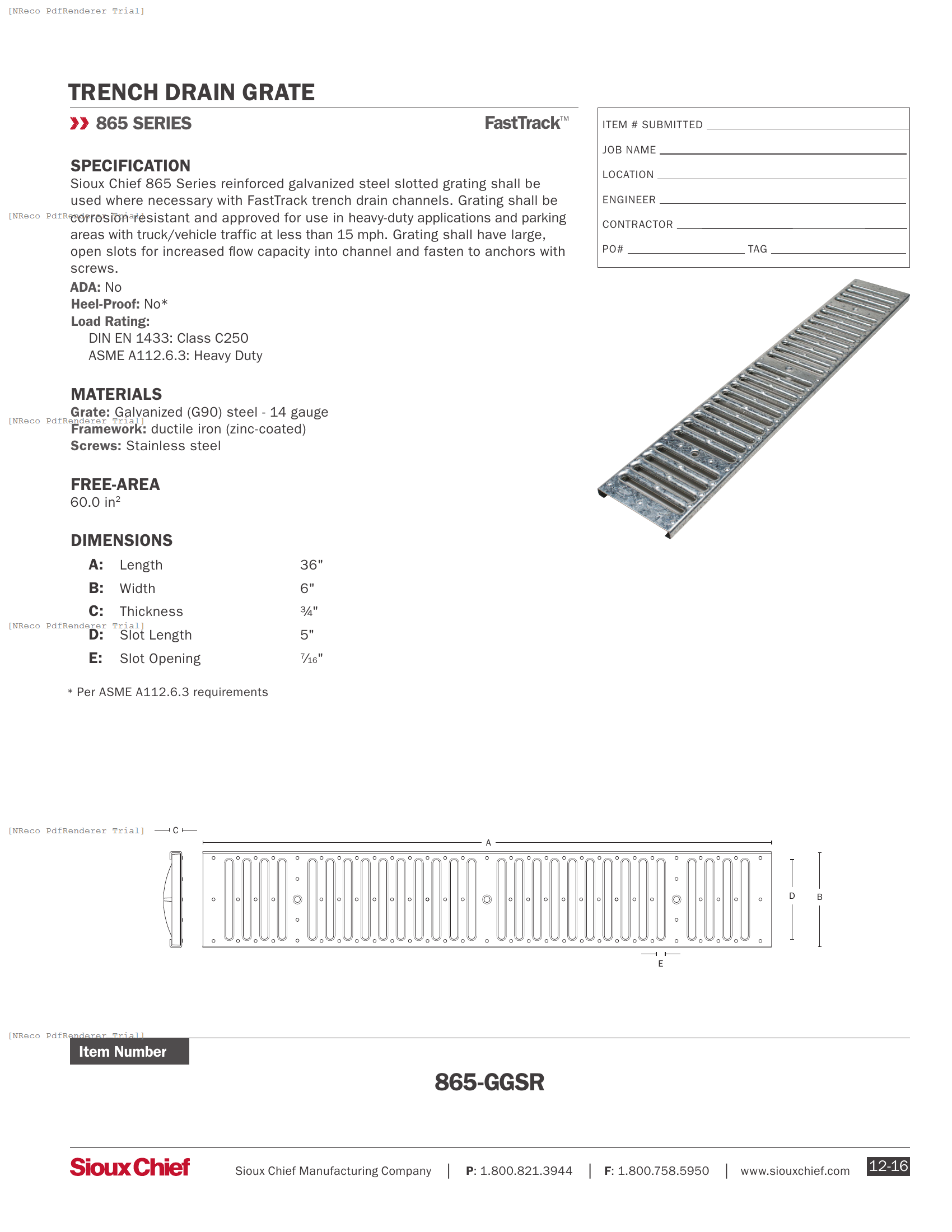 865-GGSR - FASTTRACK REINFORCED GALVANIZED GRATE - SPEC SHEET.PDF Specification Document